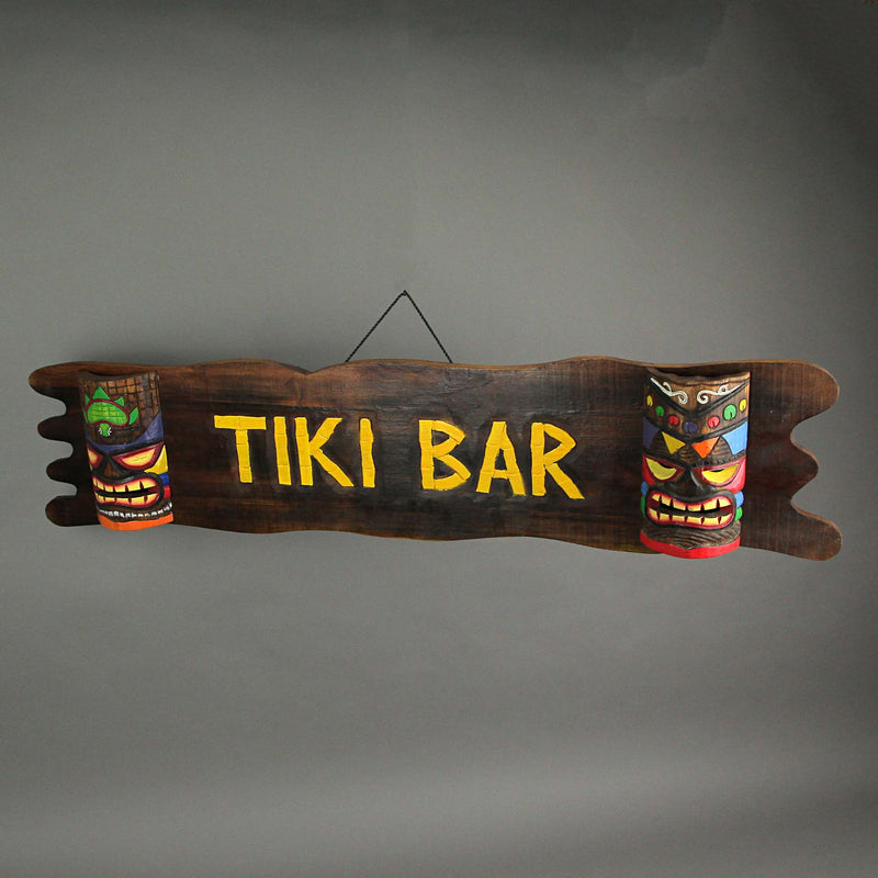 Exquisite Hand-Crafted Brown Wood Tiki Bar Hanging Wall Sign with Hand-Painted Decorative Mask Design - Easy to Hang - 39