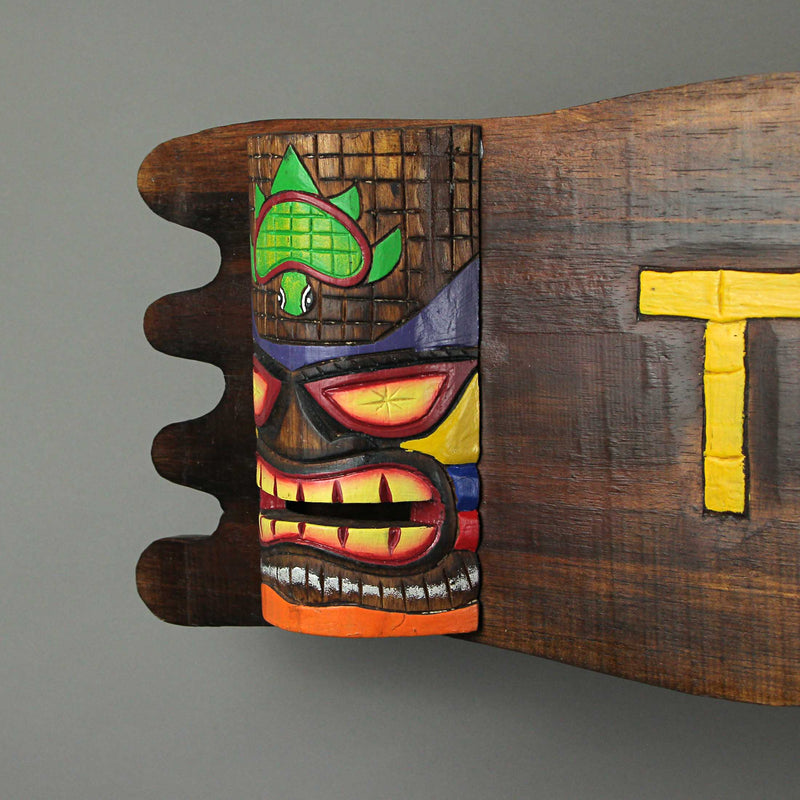 Exquisite Hand-Crafted Brown Wood Tiki Bar Hanging Wall Sign with Hand-Painted Decorative Mask Design - Easy to Hang - 39