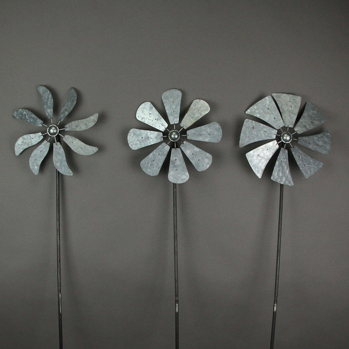 41 Inch - Image 2 - Set of 3 Galvanized Grey Farmhouse Windmill Wind Spinner Garden Stakes – Whimsical Outdoor Decorations