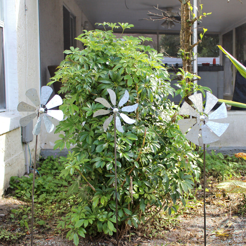 41 Inch - Image 5 - Set of 3 Galvanized Grey Farmhouse Windmill Wind Spinner Garden Stakes – Whimsical Outdoor Decorations