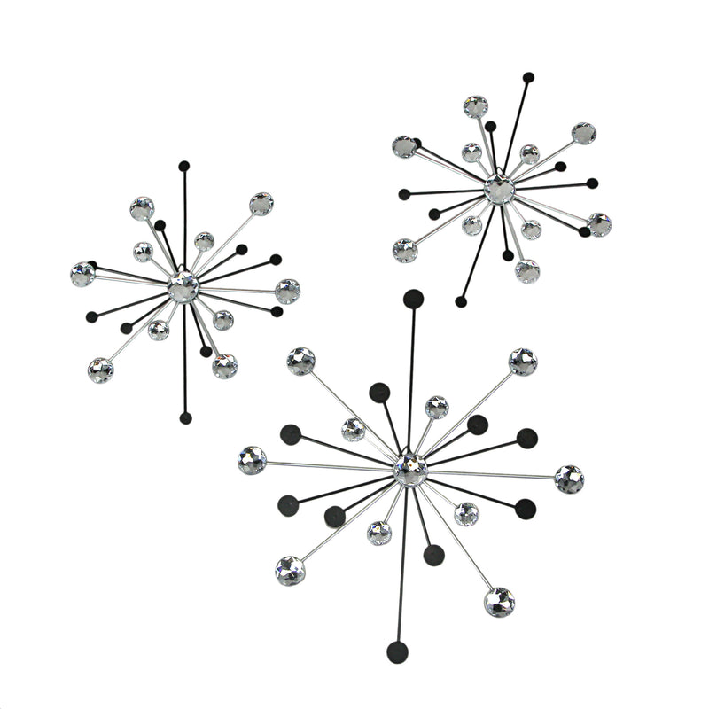 3-piece Mid-Century Modern Style Black and Silver Metal Jeweled Atomic Starburst Wall Décor Set - Timeless Elegance - Easy