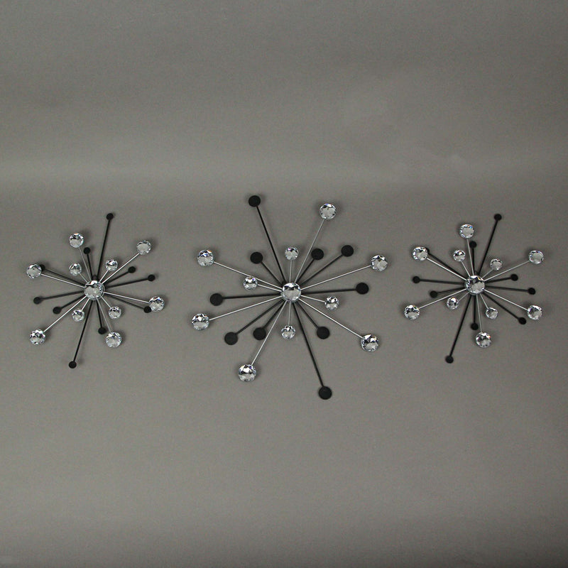 3-piece Mid-Century Modern Style Black and Silver Metal Jeweled Atomic Starburst Wall Décor Set - Timeless Elegance - Easy