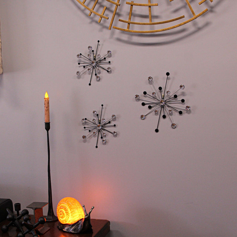 3-piece Mid-Century Modern Style Black and Silver Metal Jeweled Atomic Starburst Wall Décor Set - Timeless Elegance - Easy
