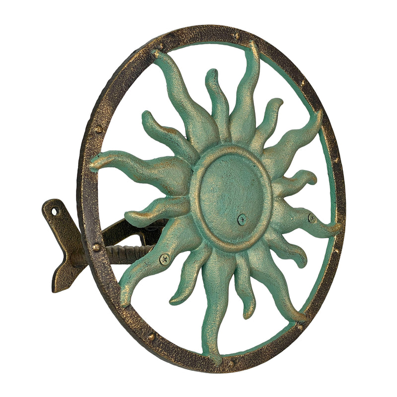Decorative Sun Cast Iron Hose Holder  Verdigris & Bronze Finish, 11.5 in Heavy Duty Wall Mount Hose Reel, Outdoor Garden