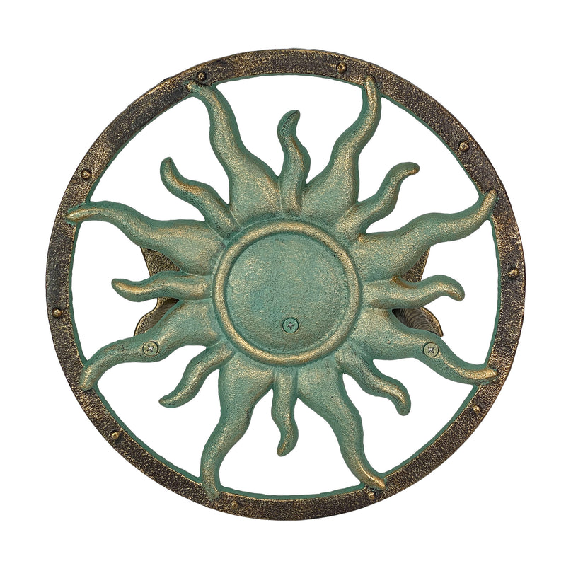 Decorative Sun Cast Iron Hose Holder  Verdigris & Bronze Finish, 11.5 in Heavy Duty Wall Mount Hose Reel, Outdoor Garden