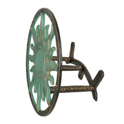 Decorative Sun Cast Iron Hose Holder  Verdigris & Bronze Finish, 11.5 in Heavy Duty Wall Mount Hose Reel, Outdoor Garden