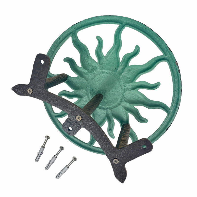 Decorative Sun Cast Iron Hose Holder  Verdigris & Bronze Finish, 11.5 in Heavy Duty Wall Mount Hose Reel, Outdoor Garden