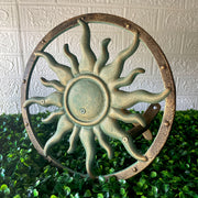 Decorative Sun Cast Iron Hose Holder  Verdigris & Bronze Finish, 11.5 in Heavy Duty Wall Mount Hose Reel, Outdoor Garden