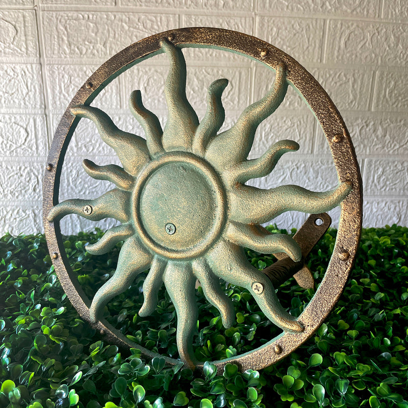 Decorative Sun Cast Iron Hose Holder  Verdigris & Bronze Finish, 11.5 in Heavy Duty Wall Mount Hose Reel, Outdoor Garden
