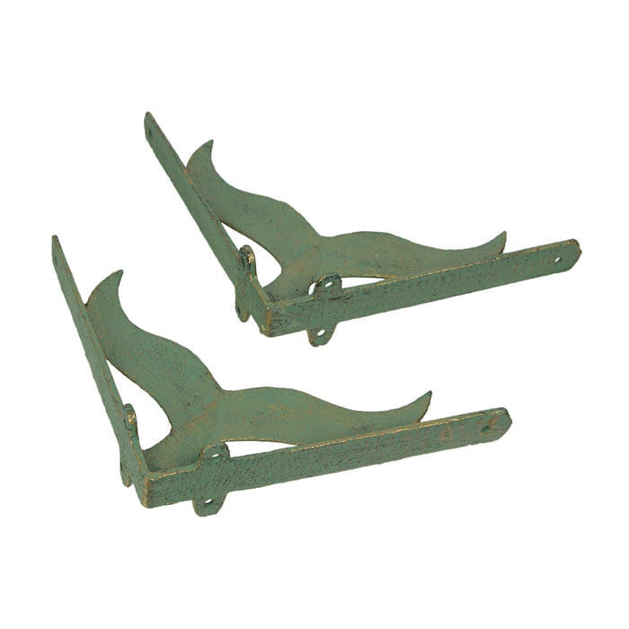 Green - Image 2 - Set of 2 Sea Green Cast Iron Whale Tail Wall Shelf Brackets and Planter Holders - 7.75 Inches Long - Add a