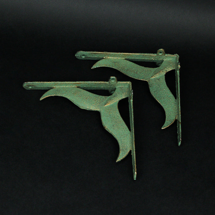 Green - Image 3 - Set of 2 Sea Green Cast Iron Whale Tail Wall Shelf Brackets and Planter Holders - 7.75 Inches Long - Add a