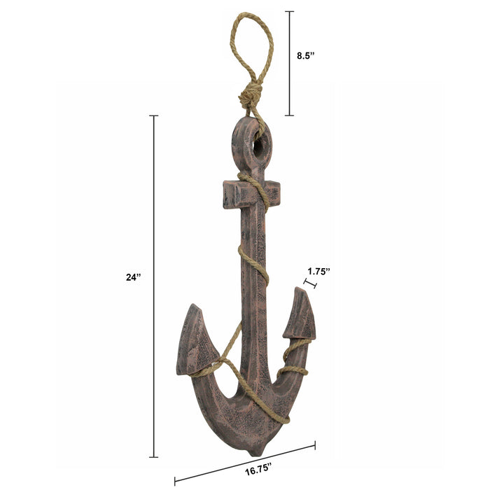 Brown - Image 2 - Large 24"x16" Ship Anchor & Rope Wall Hanging - Hand-Stained Brown Finish for Nautical Elegance - Easy