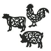 Black - Image 1 - Set of 3 Black Cast Iron Farm Animal Kitchen Decor Trivets - Rooster, Pig and Cow - Decorative Wall Hanging