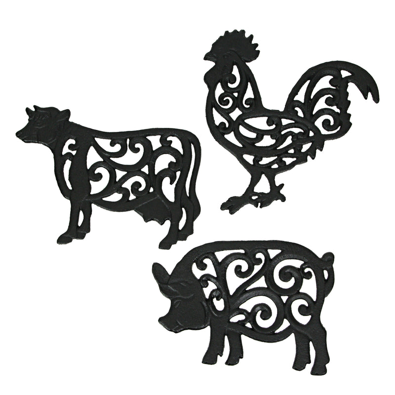 Black - Image 1 - Set of 3 Black Cast Iron Farm Animal Kitchen Decor Trivets - Rooster, Pig and Cow - Decorative Wall Hanging