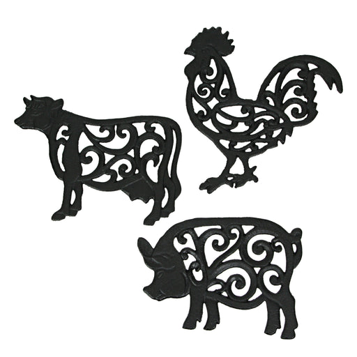 Black - Image 1 - Set of 3 Black Cast Iron Farm Animal Kitchen Décor Trivets Rooster Pig and Cow Decorative Wall Hanging Art