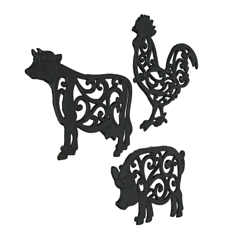 Black - Image 2 - Set of 3 Black Cast Iron Farm Animal Kitchen Decor Trivets - Rooster, Pig and Cow - Decorative Wall Hanging
