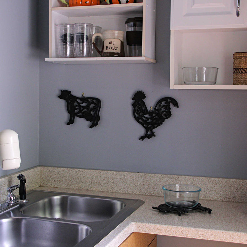 Black - Image 4 - Set of 3 Black Cast Iron Farm Animal Kitchen Decor Trivets - Rooster, Pig and Cow - Decorative Wall Hanging