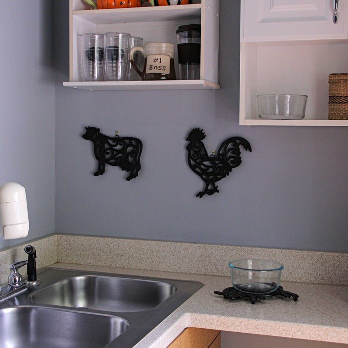 Black - Image 4 - Set of 3 Black Cast Iron Farm Animal Kitchen Décor Trivets Rooster Pig and Cow Decorative Wall Hanging Art