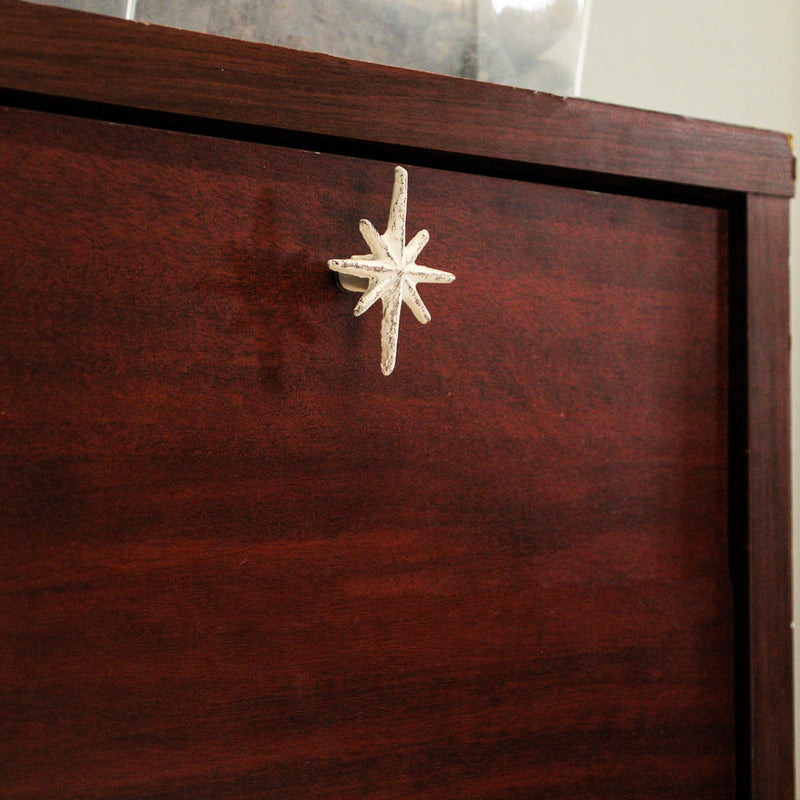 White - Image 4 - Set of 6 Antique White Finish Cast Iron Starburst Drawer Pulls – Mid Century Modern Cabinet Knobs for