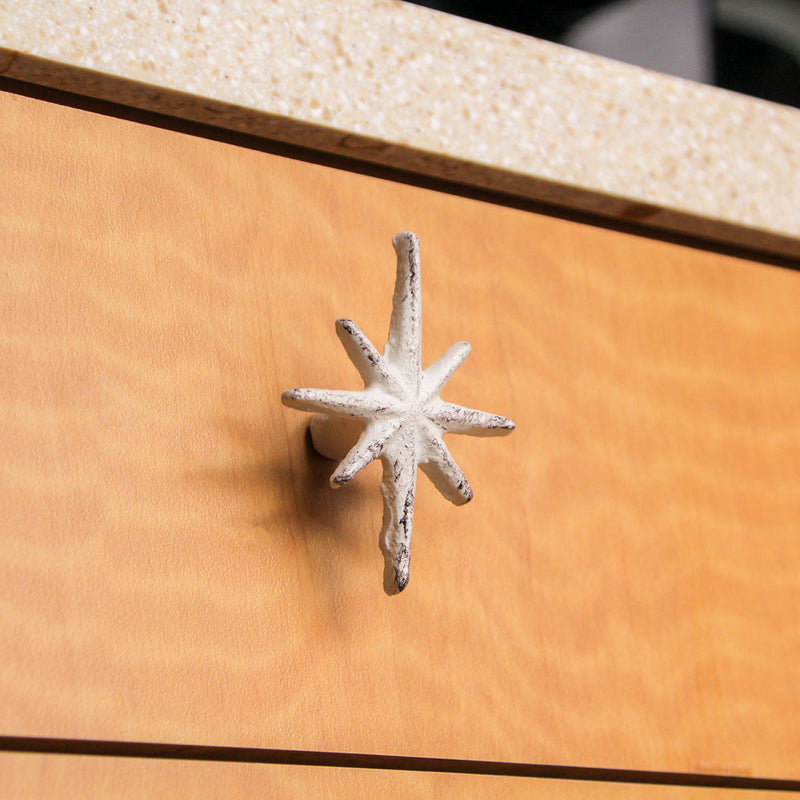 White - Image 7 - Set of 6 Antique White Finish Cast Iron Starburst Drawer Pulls – Mid Century Modern Cabinet Knobs for