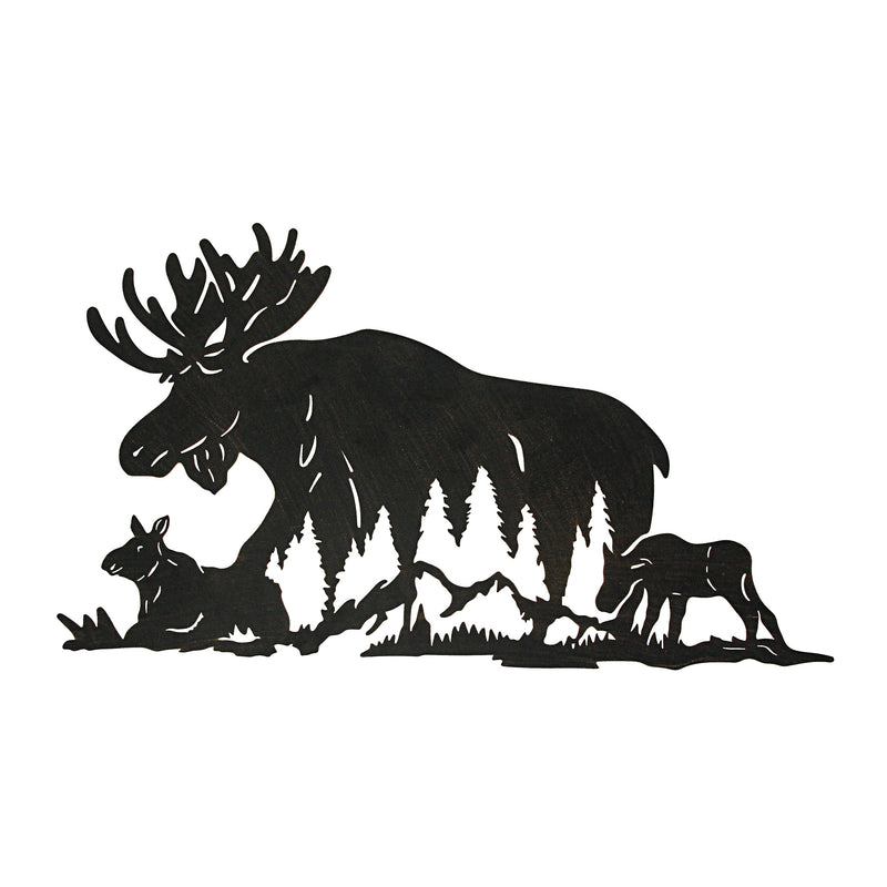 Laser-Cut Black Metal Majestic Moose Family Silhouette Wall Hanging Art - Rustic Cabin or Lodge Style Decor -