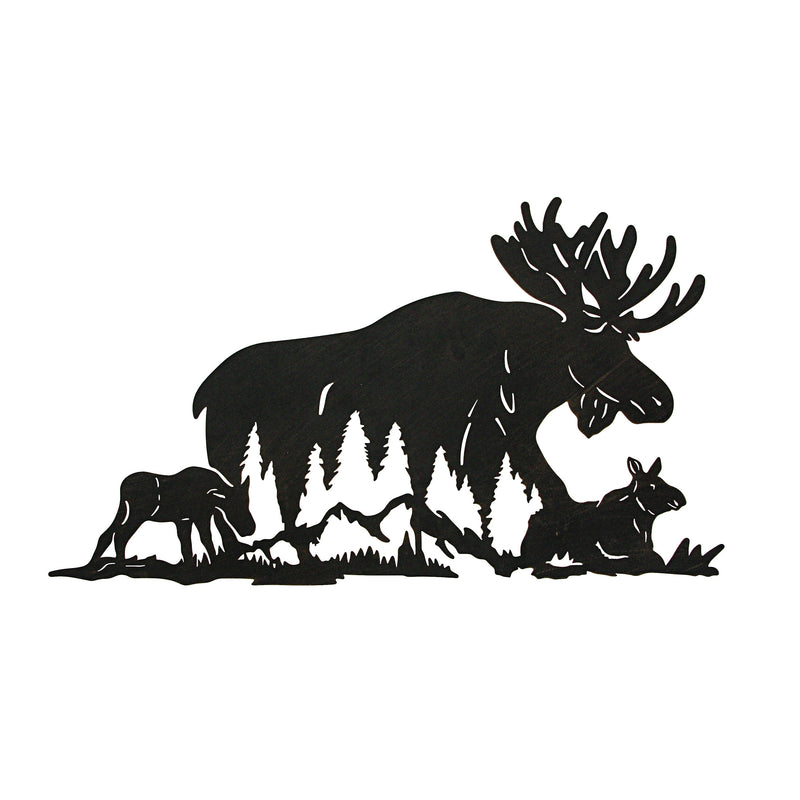 Laser-Cut Black Metal Majestic Moose Family Silhouette Wall Hanging Art - Rustic Cabin or Lodge Style Decor -