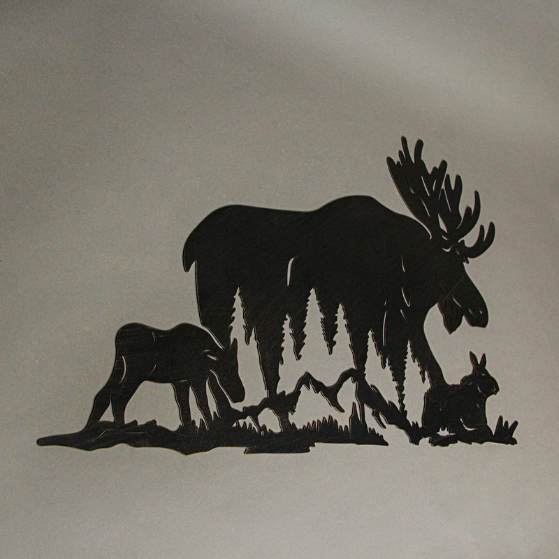 Laser-Cut Black Metal Majestic Moose Family Silhouette Wall Hanging Art - Rustic Cabin or Lodge Style Decor -