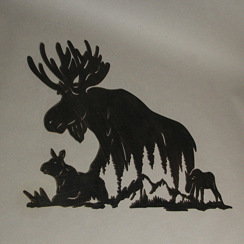 Laser-Cut Black Metal Majestic Moose Family Silhouette Wall Hanging Art - Rustic Cabin or Lodge Style Decor -
