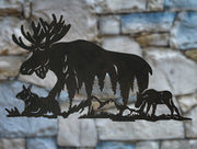 Laser-Cut Black Metal Majestic Moose Family Silhouette Wall Hanging Art - Rustic Cabin or Lodge Style Decor -