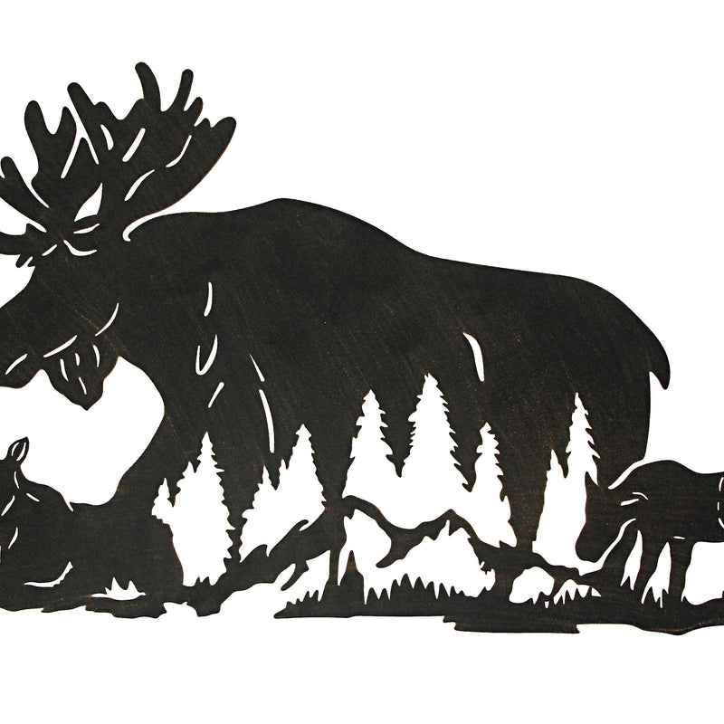Laser-Cut Black Metal Majestic Moose Family Silhouette Wall Hanging Art - Rustic Cabin or Lodge Style Decor -