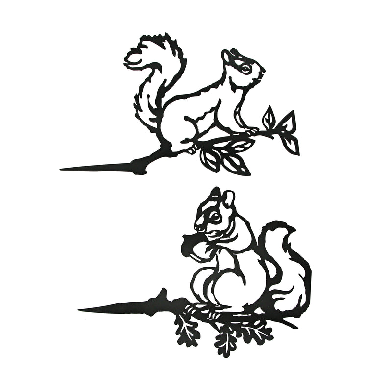 Set of 2 Black Metal Squirrel Tree Stakes for Outdoor Garden and Yard Decorations - Whimsical 11-Inch Long Silhouette Plaques