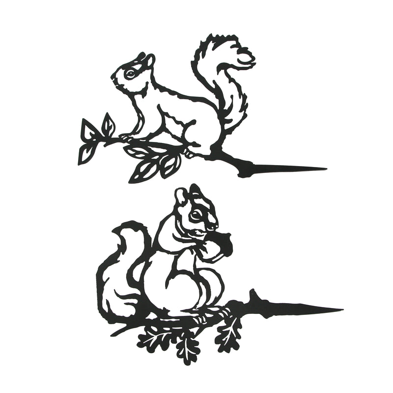 Set of 2 Black Metal Squirrel Tree Stakes for Outdoor Garden and Yard Decorations - Whimsical 11-Inch Long Silhouette Plaques