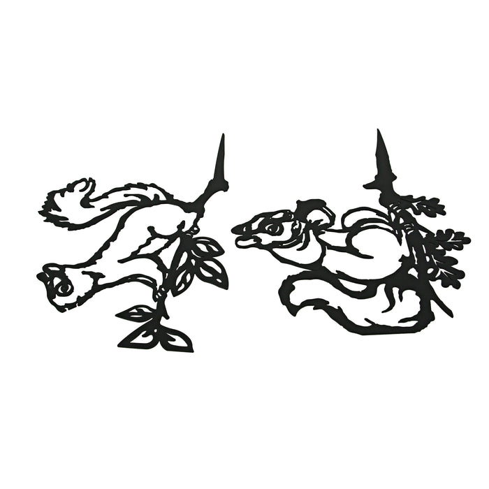 Set of 2 Black Metal Squirrel Tree Stakes for Outdoor Garden and Yard Decorations - Whimsical 11-Inch Long Silhouette Plaques