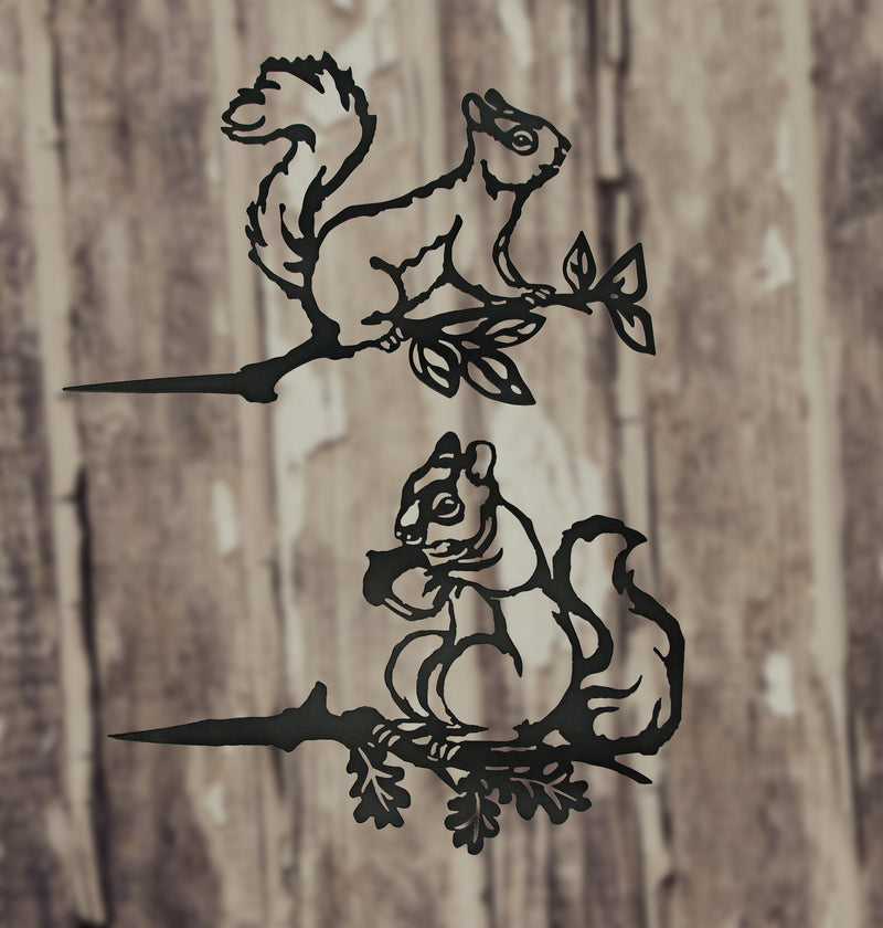 Set of 2 Black Metal Squirrel Tree Stakes for Outdoor Garden and Yard Decorations - Whimsical 11-Inch Long Silhouette Plaques