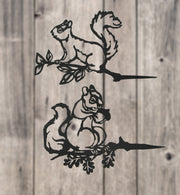 Set of 2 Black Metal Squirrel Tree Stakes for Outdoor Garden and Yard Decorations - Whimsical 11-Inch Long Silhouette Plaques