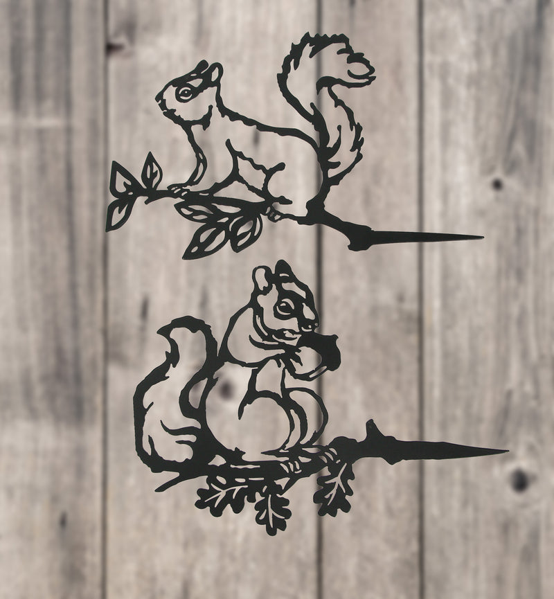 Set of 2 Black Metal Squirrel Tree Stakes for Outdoor Garden and Yard Decorations - Whimsical 11-Inch Long Silhouette Plaques