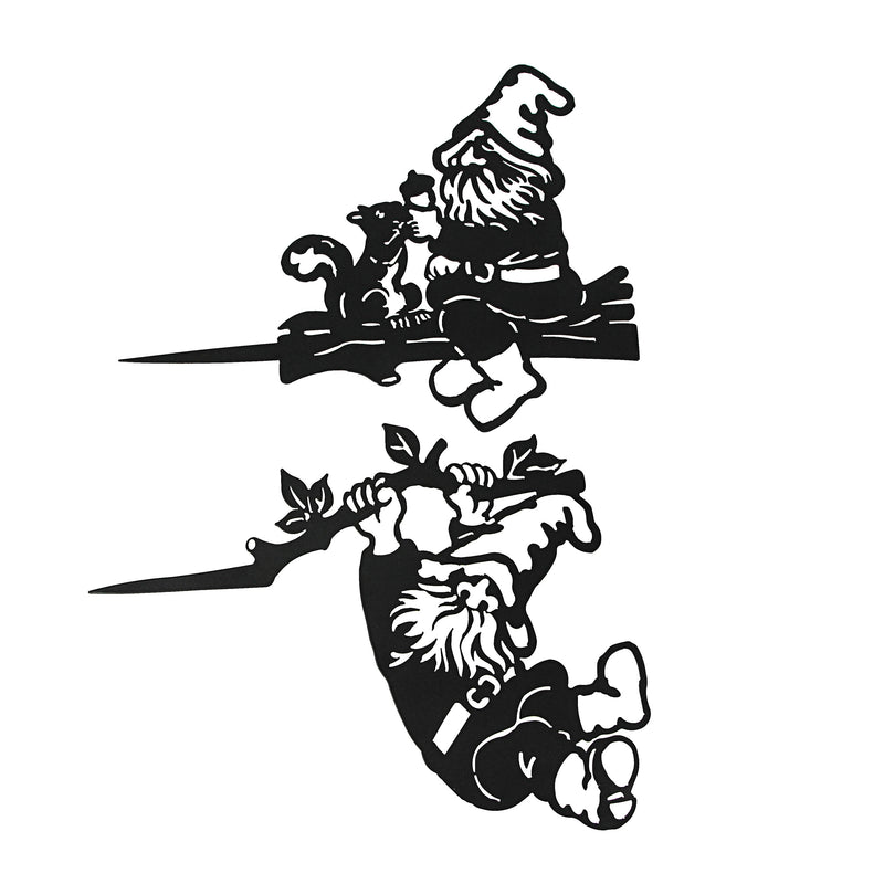 Set of 2 Black Cutout Metal Garden Gnome Silhouette Decorative Tree Stakes for Whimsical Yard and Outdoor Décor - 12 Inches