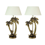 Set of 2 Antique Gold Finish Palm Tree Resin Table Lamps - Nightstand Lights, 25.5 Inches High, Adding Coastal Charm to Your