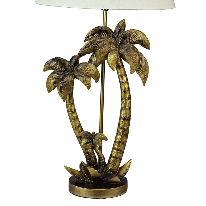 Set of 2 Antique Gold Finish Palm Tree Resin Table Lamps - Nightstand Lights, 25.5 Inches High, Adding Coastal Charm to Your