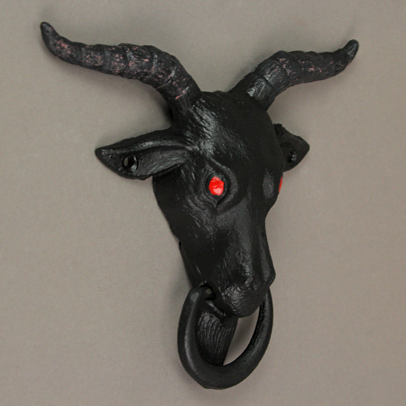 Black Enamel Cast Iron Baphomet Sabbatic Goat Head Decorative Doorknocker Home Entrance Decor - 6.5 Inches High - Gothic