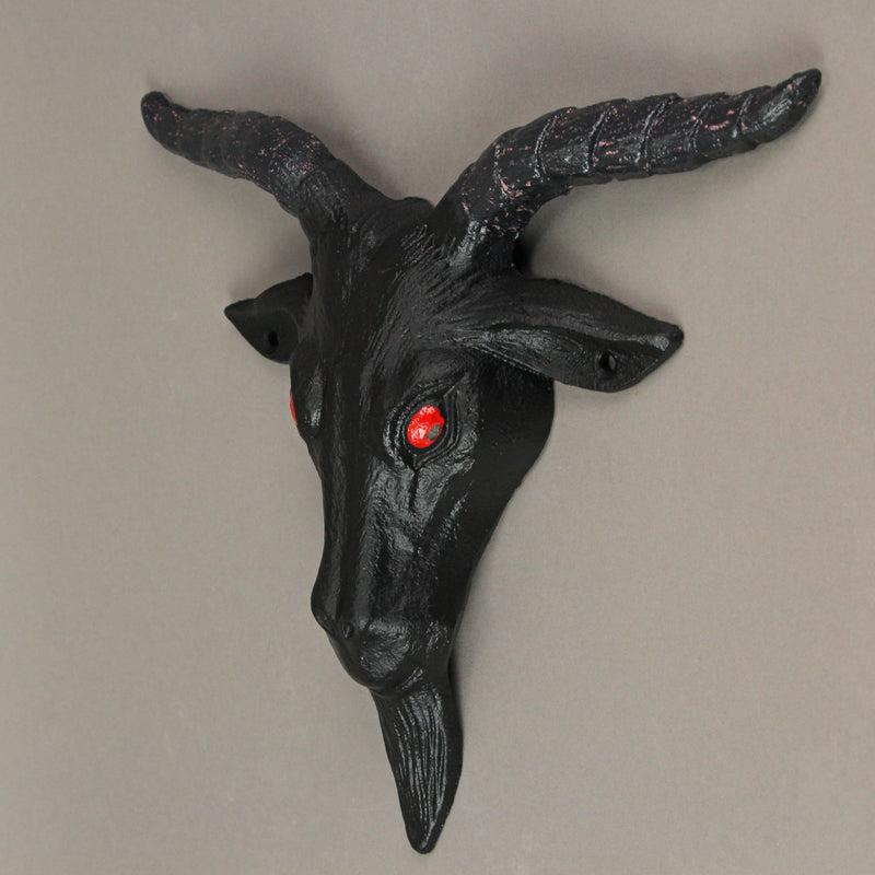 Enigmatic Black Enamel Painted Cast Iron Baphomet Sabbatic Goat Head Wall Sculpture for Gothic Home Decor - Intriguingly