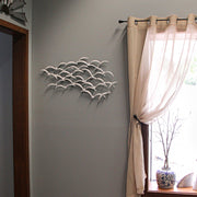 Distressed White Metal Flock of Birds Wall Hanging - Modern Art Coastal Home Decor Sculpture - Large 32 Inches Long -