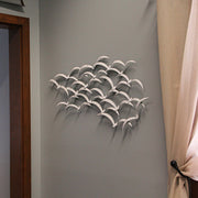 Distressed White Metal Flock of Birds Wall Hanging - Modern Art Coastal Home Decor Sculpture - Large 32 Inches Long -