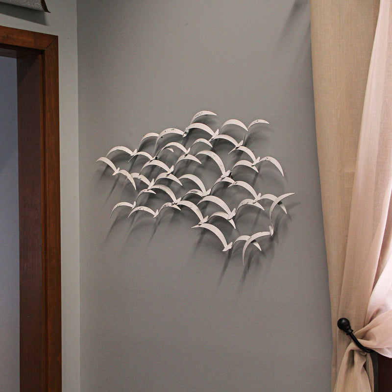 Distressed White Metal Flock of Birds Wall Hanging - Modern Art Coastal Home Decor Sculpture - Large 32 Inches Long -