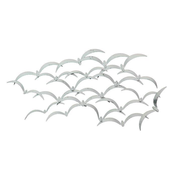 Distressed White Metal Flock of Birds Wall Hanging - Modern Art Coastal Home Decor Sculpture - Large 32 Inches Long -