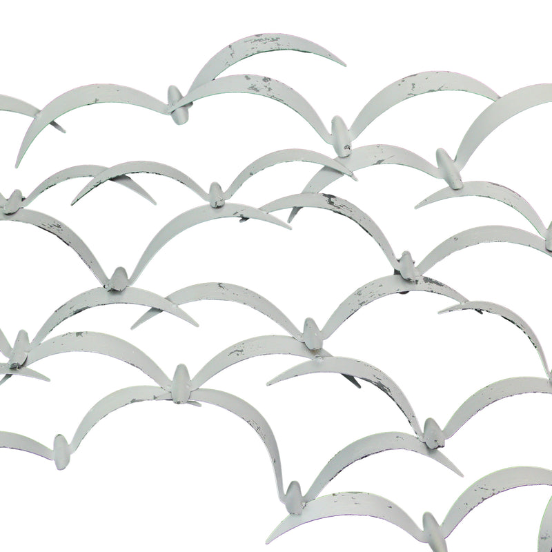 Distressed White Metal Flock of Birds Wall Hanging - Modern Art Coastal Home Decor Sculpture - Large 32 Inches Long -