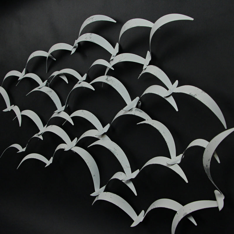Distressed White Metal Flock of Birds Wall Hanging - Modern Art Coastal Home Decor Sculpture - Large 32 Inches Long -