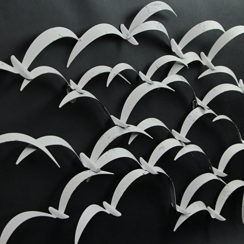 Distressed White Metal Flock of Birds Wall Hanging - Modern Art Coastal Home Decor Sculpture - Large 32 Inches Long -