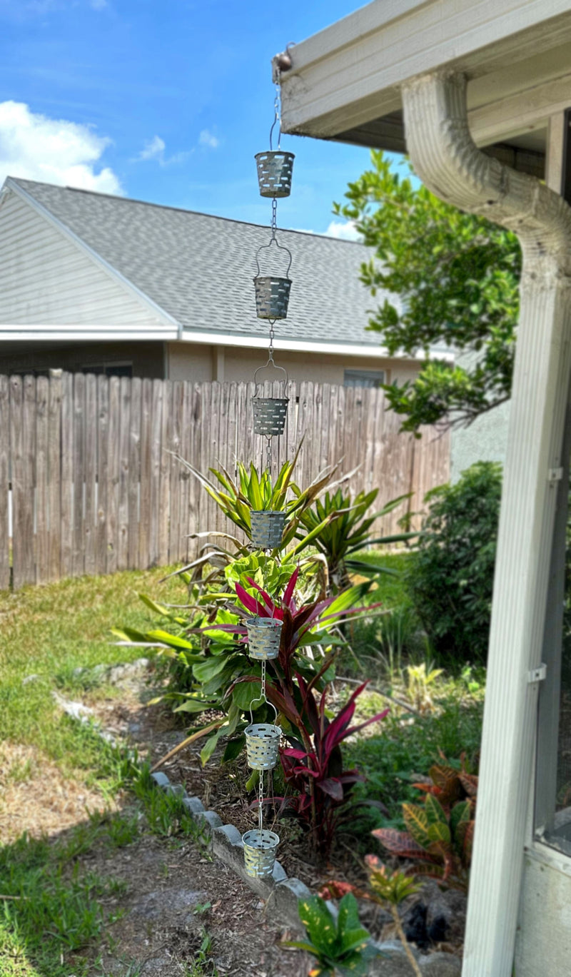 Olive Bucket - Image 4 - Galvanized Grey Metal Olive Bucket Pail Style Rain Chain Gutter Downspout Accent, 74 Inches Long -