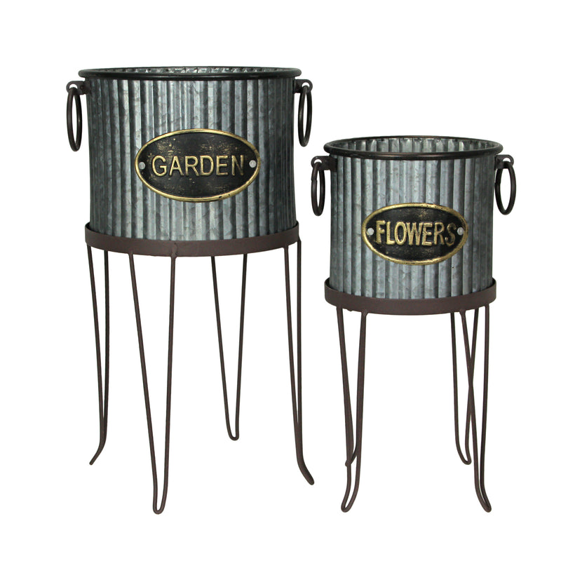 Set of 2 Rustic Farmhouse Corrugated Galvanized Grey Metal Round Indoor/Outdoor Garden Planters with Stands Plant Pots